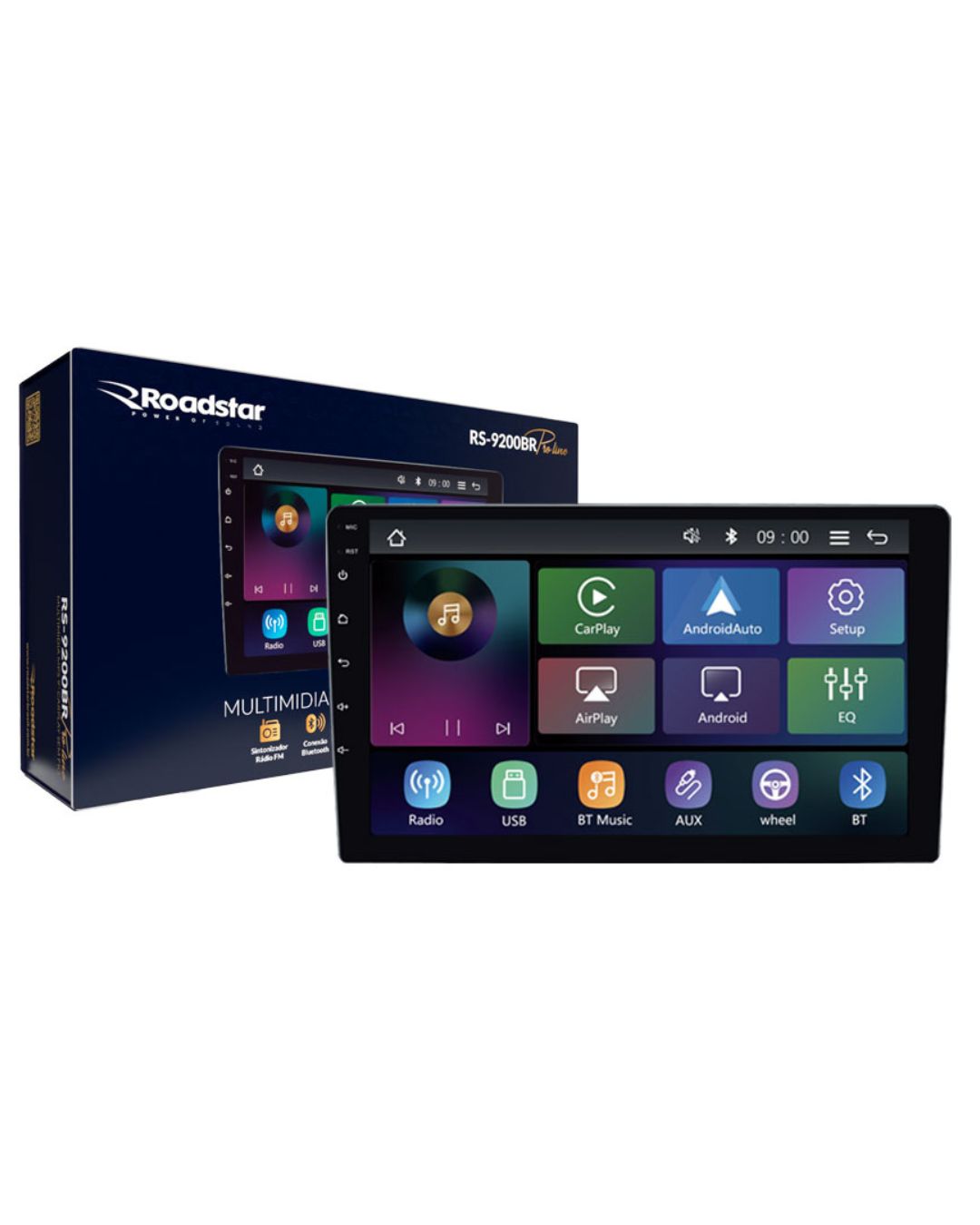CENTRAL MULTIMIDIA 9" ROADSTAR CARPLAY ANDROID AUTO SEM FIO 4 CANAIS DE 50 WATTS RMS FULL TOUCH