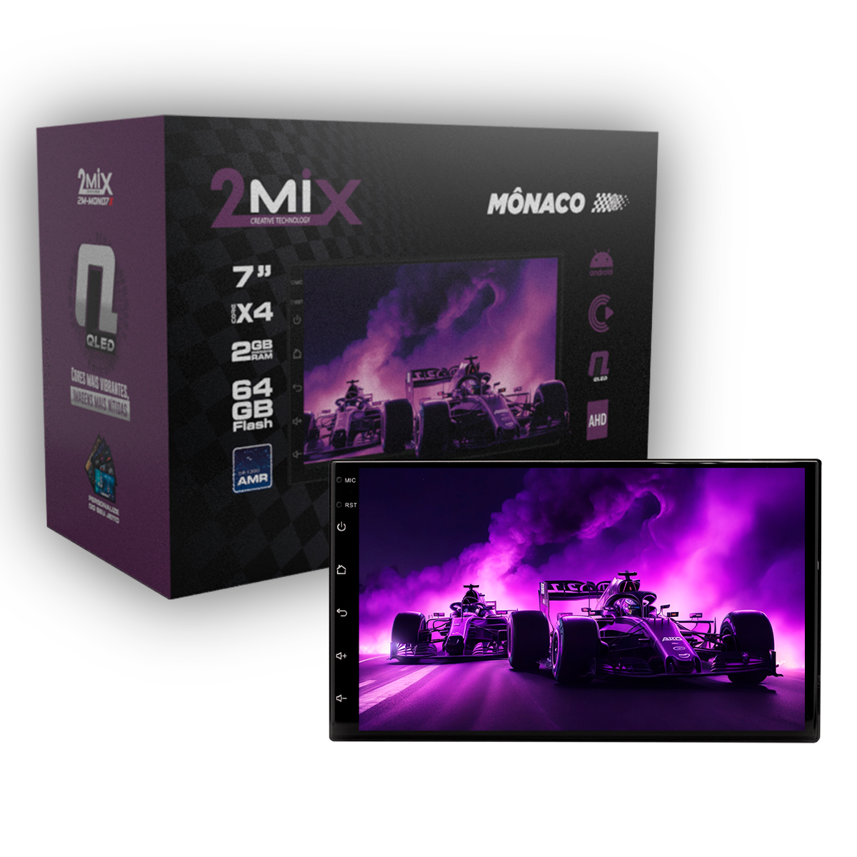CENTRAL MULTIMIDIA ANDROID 2 DIN 7" 2 MIX QLED MONACO CAR PLAY 2GB/64GB