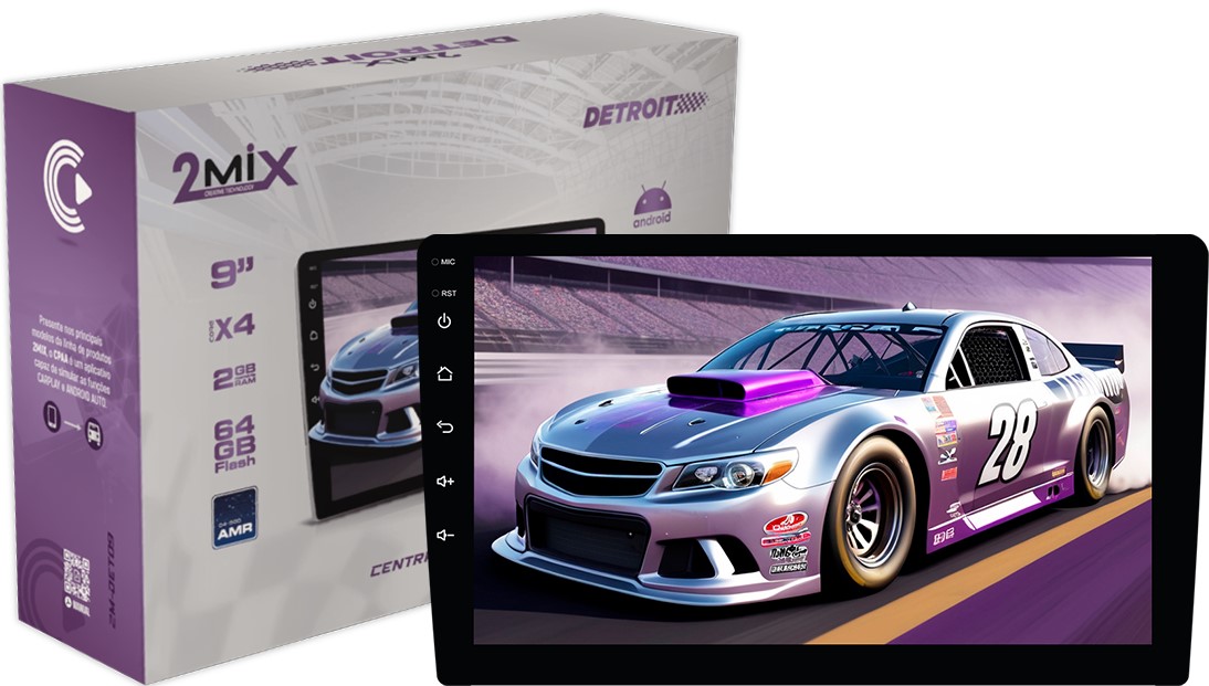 CENTRAL MULTIMIDIA ANDROID 2 DIN 9" 2 MIX TELA IPS DETROIT CAR PLAY 2GB/32GB