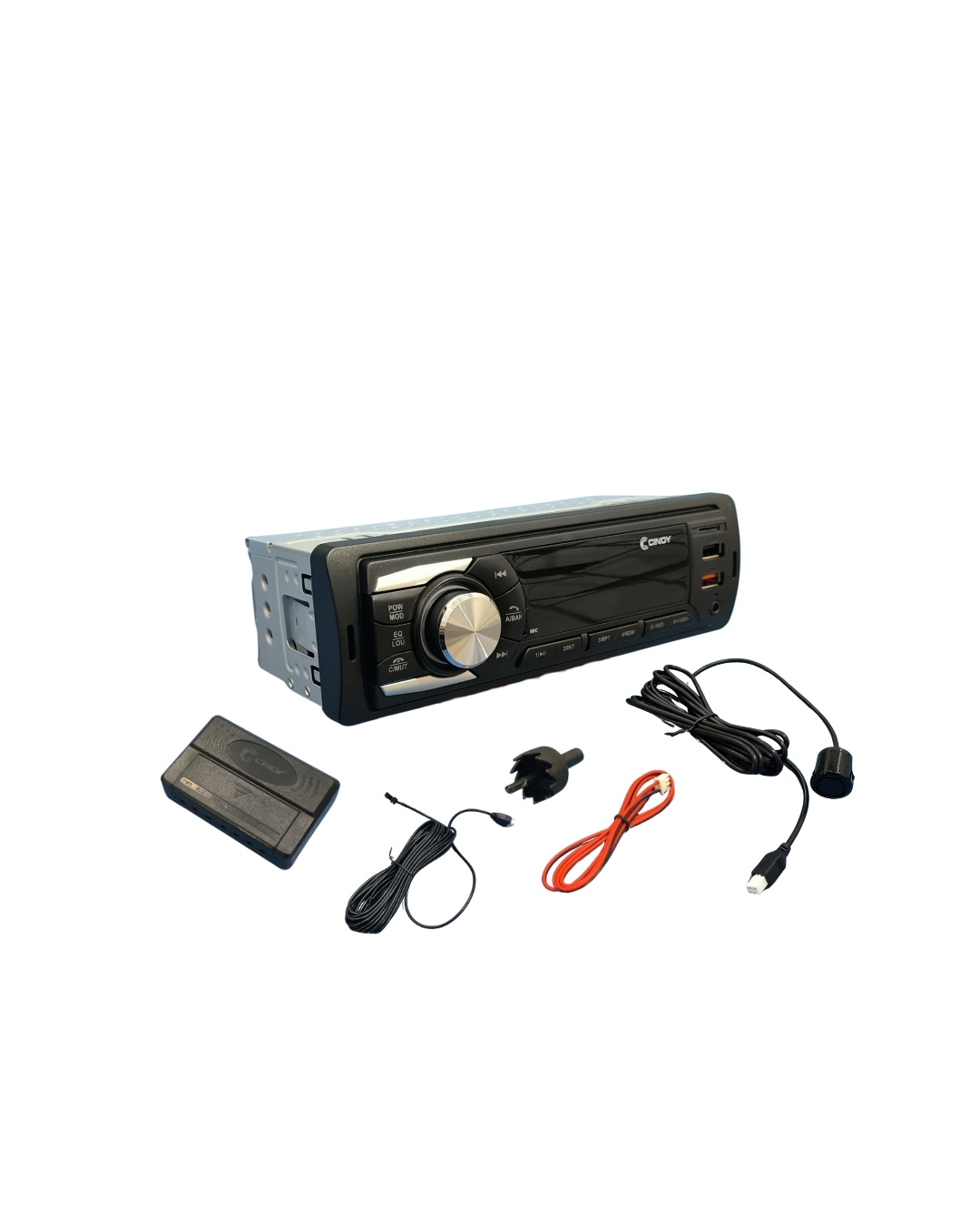 KIT RADIO + SENSOR DE ESTACIONAMENTO PRETO FOSCO CINOY COM SD/USB/FM/WMA/BT 4 X 45W