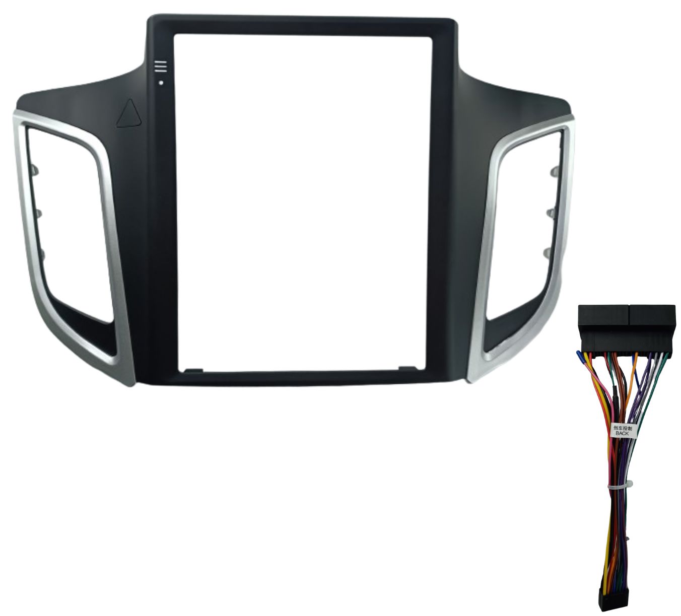 MOLDURA TESLA 9.7" COM CHICOTE DE LIGACAO CRETA 2016 / 2021 PRETO FOSCO DETALHE PRATA 2 MIX
